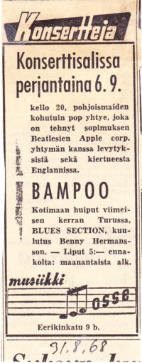 Gig advert in Turun Sanomat 31.08.1968