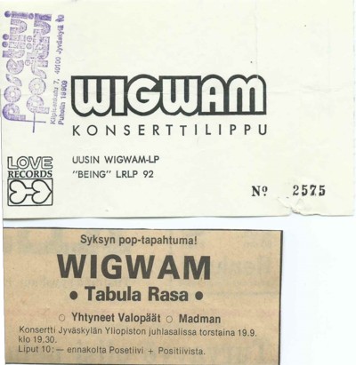 Ticket & advert for Jyvskyl gig 19.09.1974